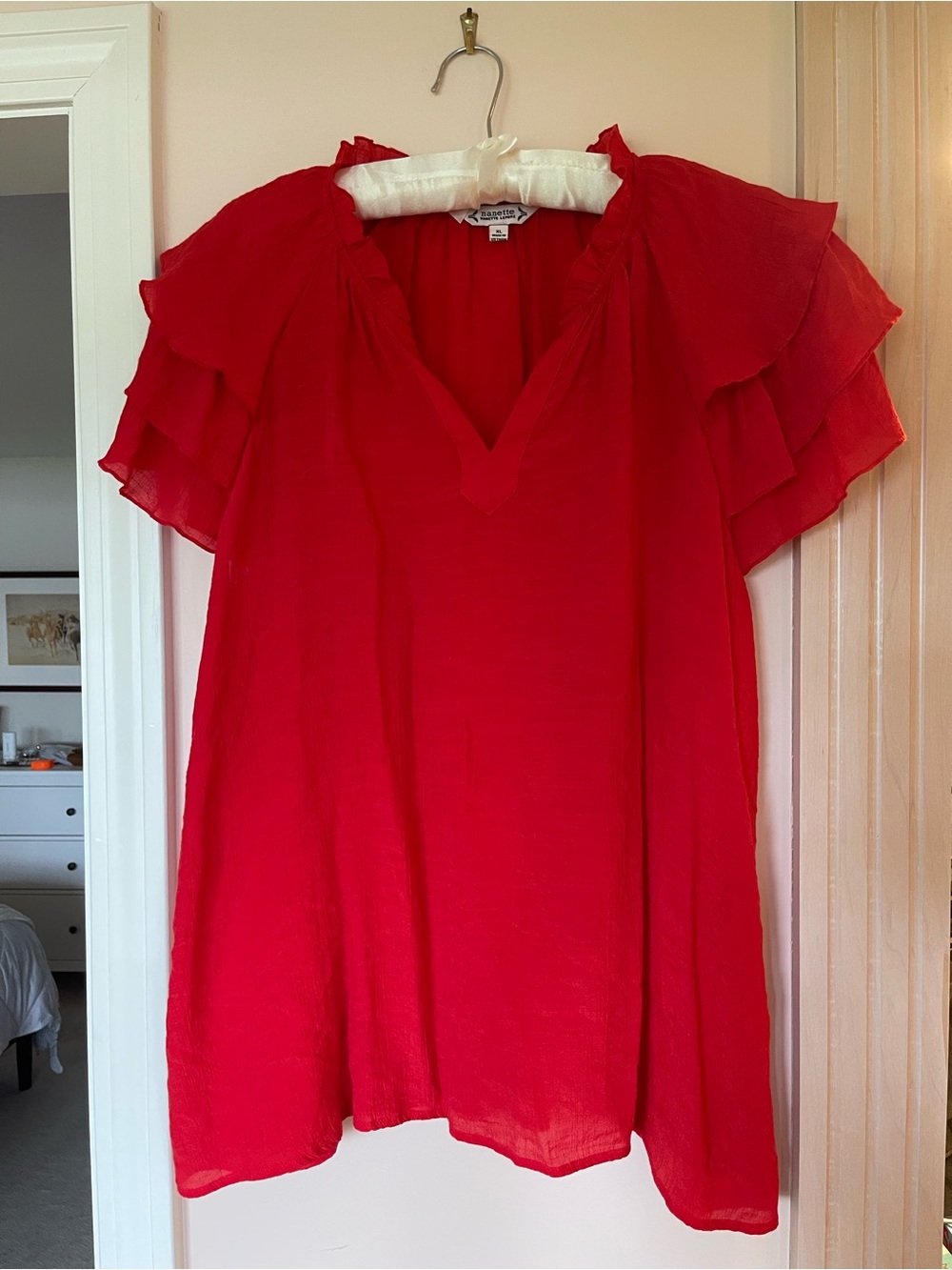 Nanette Lepore Red Ruffle Sleeve V-Neck Tunic